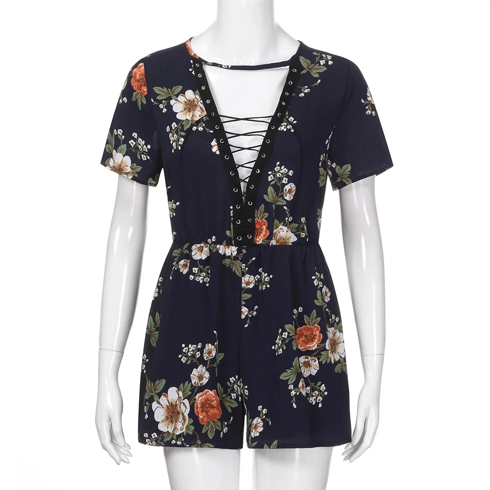 Модные летние женские Комбинезоны на шнуровке с цветочным принтом коротким