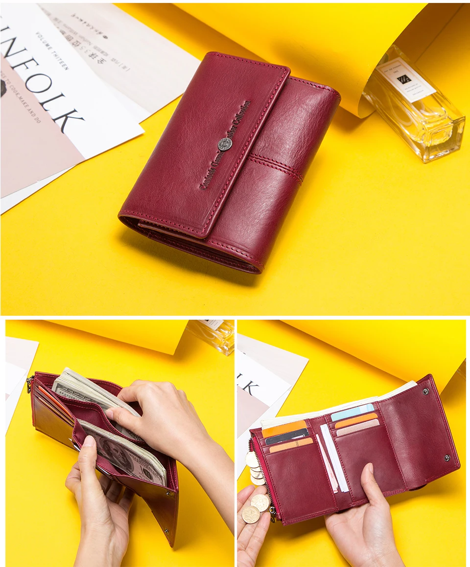 Contact's Fashion Coin Purse Zipper Wallet Genuine Leather Women Wallets Small Money Bag for Ladies Short Billfold Card Holder