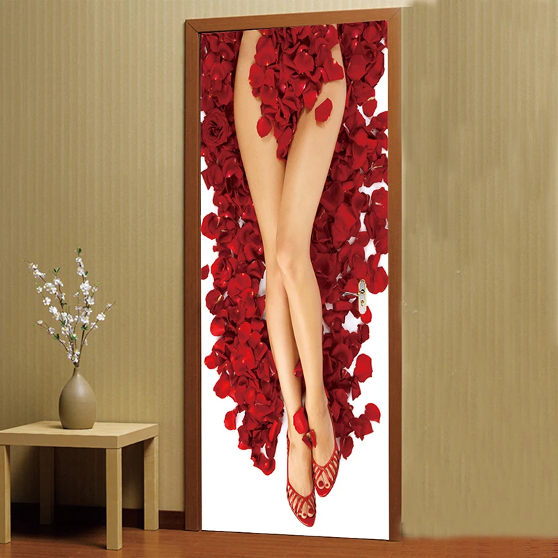 

New 2pcs/set 3D Red Rose Sexy Woman Legs DIY Door Art Mural Sticker Home Decor Living Room Self-adhesive PVC Wall Sticker Poster