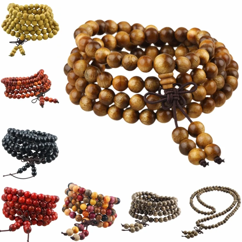 

SUNYIK 108 Natural Wood Beaded Tibet Buddhism Buddha Mala Prayer Beads 6mm Bracelet Necklace