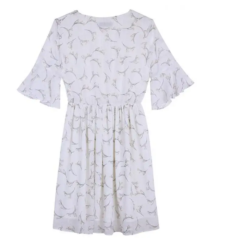 Женское шифоновое платье с принтом V образным вырезом и рукавом в виде листьев