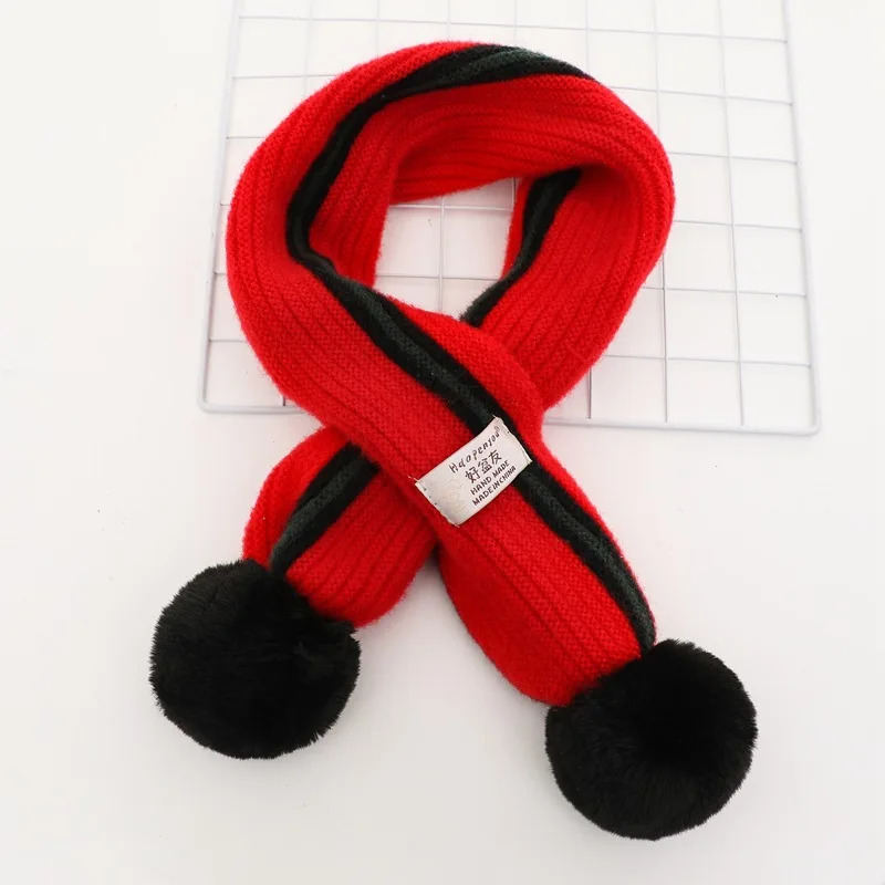 Red striped Scarf На весну и зиму милый детский шарф для девочек, для мальчиков шарфы детские вязаные кролик меховой воротник шарф с помпонами на шее теплый шарф - Цвет: Red striped Scarf