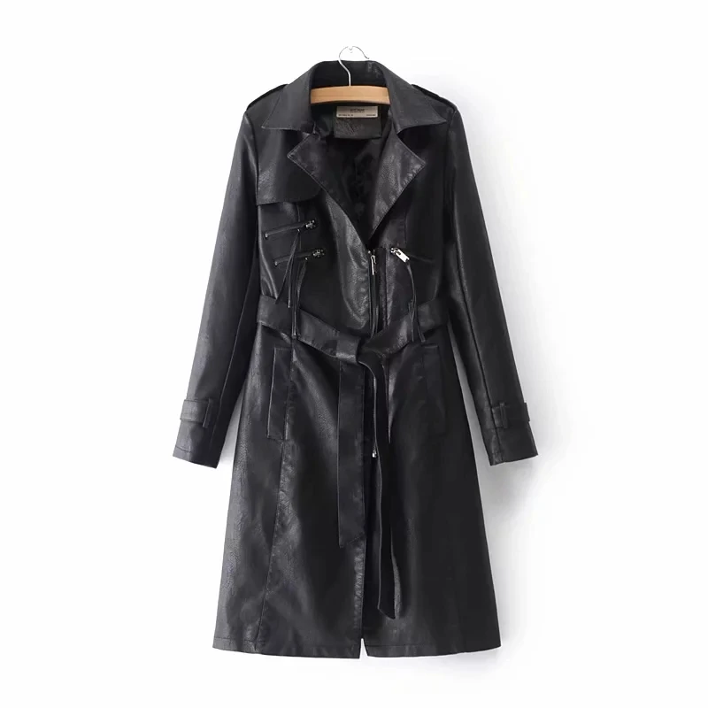 Осень Зима Черный Розовый Искусственная кожаная куртка женские длинные пальто