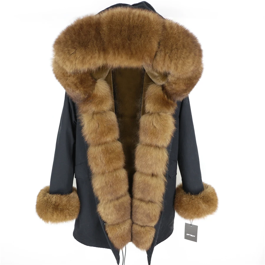 black brown Brand Real Fur Coat Fashion Winter Jacket Women Natural Real Fox Fur Collar Loose Long Parkas Big Fur Outerwear Detachable - Цвет: black brown
