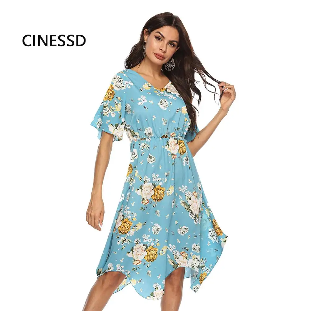 Женское платье с цветочным принтом и V образным вырезом в полоску|Женские платья|