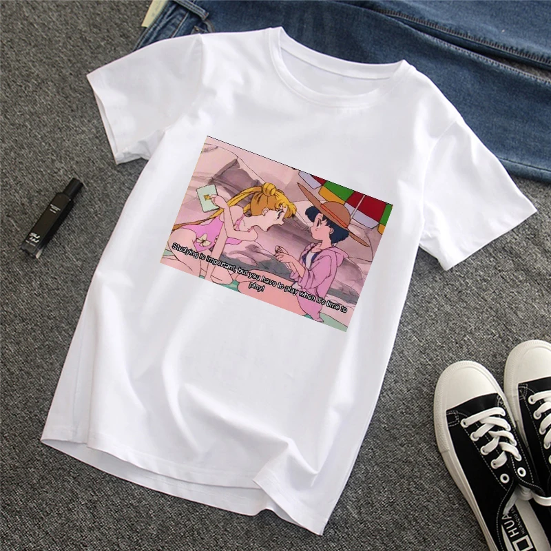 Забавный мультфильм Сейлор Мун лето новые буквы печати Harajuku мода ins короткий рукав женская футболка Топы - Цвет: 10