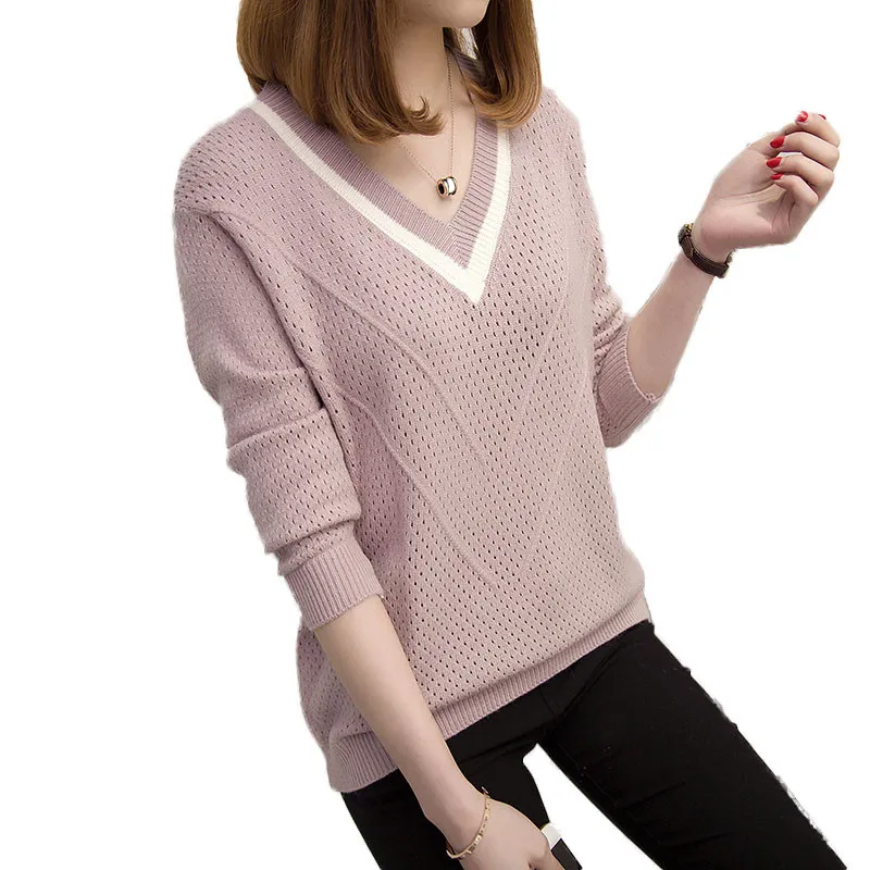 

Spring Autumn Women Hollow Out Knitted Pullovers Casual Loose V-Neck Sweater Female Long Sleeve Knitwear Short Bottom Tops A1519