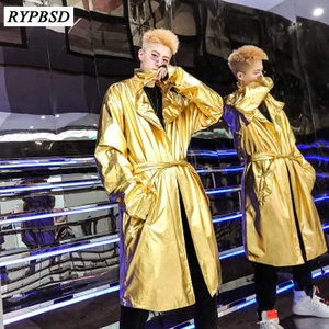 Imported Gold Silver Performance Long Trench Coat Men Shiny Night Club Stage Dance Men Cloak Cape Coat Long S