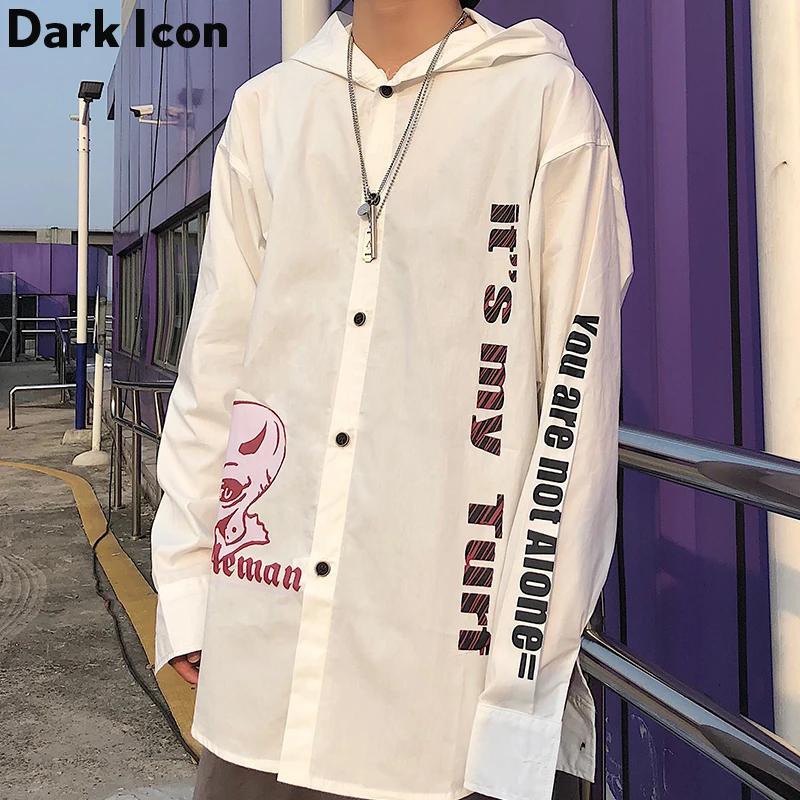 Мужская рубашка в стиле хип хоп с принтом темных икон капюшоном и отложным