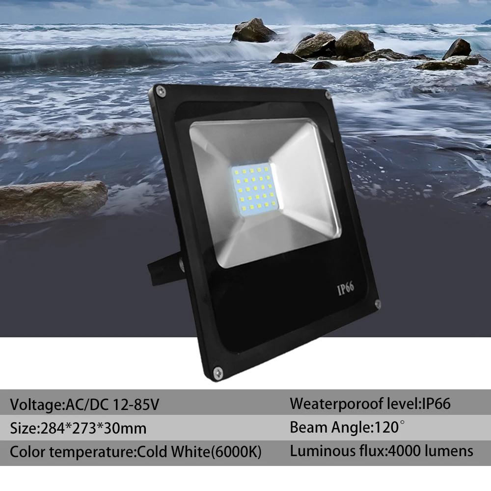 Ultrafino de 12 voltios светодиодный Luz de inundación 10 W 20 W 30 W 50 W AC/DC 12-85 В постоянного тока непроницаемый IP65 foco на открытом воздухе удивительно фарола proye