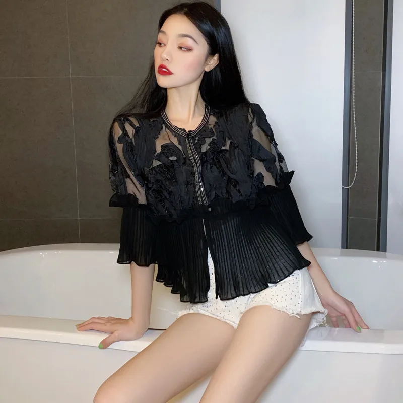 Kawaii peplum blouse tops ladies vintage pleated ruffle mesh patchwork chiffon shirt Casual summer | Женская одежда