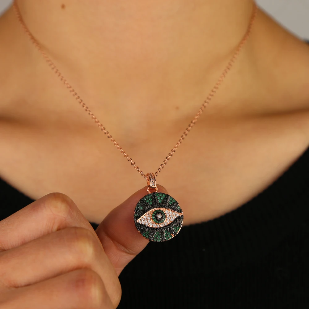 New black green white cubic zirconia turkish evil eye pendant Bohemia rose gold color necklace for women lady lucky jewelry  Украшения