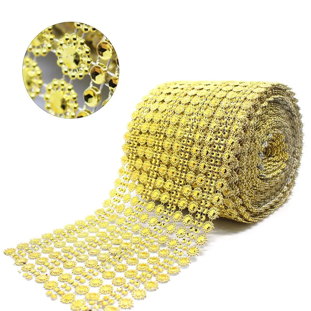 10 Yards Sun Flower Mesh Rhinestone Festival Party Plastic Imitated Diamond Rhinestone Ribbon Wrap Roll Line Rhinestone