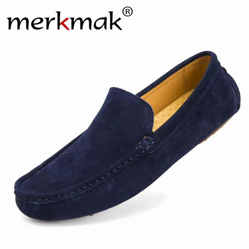 Blue Soft Loafers Merkmak/брендовые модные мягкие мокасины; мужские лоферы; Высококачественная обувь из натуральной кожи; Мужская замшевая обувь для вождения на плоской подошве - Цвет: Blue Soft Loafers