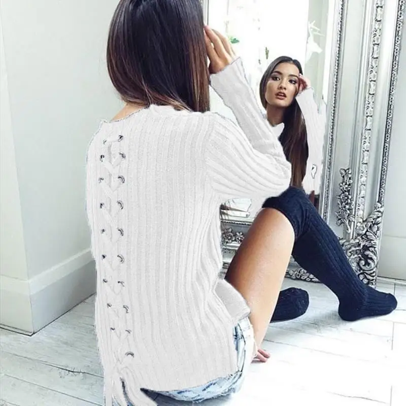 

Autumn Back Lace Up Skinny Sweaters Women Fashion Knitted Pullovers Solid Jumper Sexy Bandage Knitwear Winter Warm Tops LJ5644V