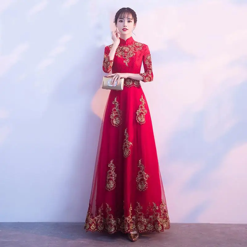 Улучшенный рукав для женщин короткий Cheongsam китайское традиционное кружево вышивка платья Новинка Мандарин Воротник Qipao Vestidos - Цвет: Burgundy 3