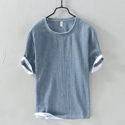 blue gray Для мужчин летние модные брендовые Китай Стиль Винтаж из хлопка и льна с круглым вырезом футболка с короткими рукавами мужской Повседневное красный тонкая футболка - Цвет: blue gray
