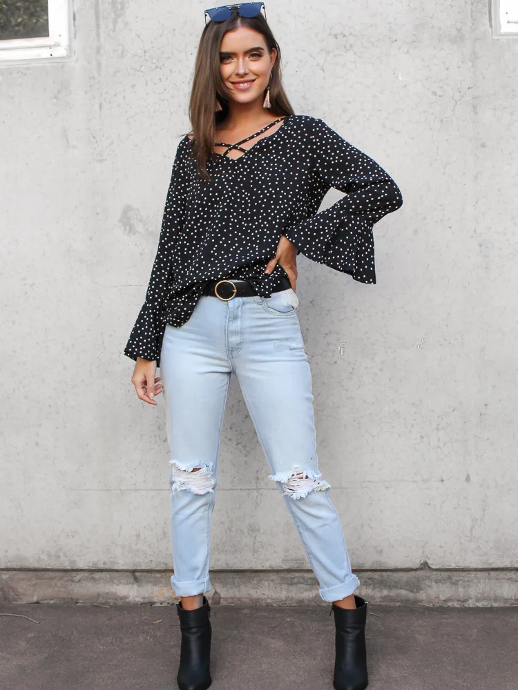 

women blouse cute female ladies clothes womens polka dots v-neck top sexy autumn 2019 winter shirt tops plus size vintage