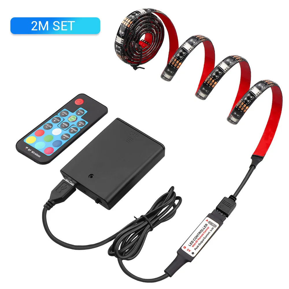 Светодиодная лента на батарейках 5 В, RGB, USB, 5050, гибкая, ТВ, настольный экран, фоновое освещение, светодиодная лента, водонепроницаемая, 1 м, 2 м, 17 ключей, RF - Испускаемый цвет: 2M