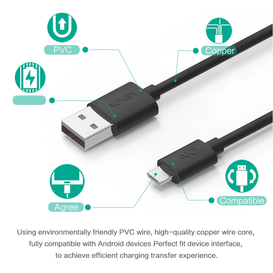 Aukey 3 шт. Мини Micro USB кабель 1.2 м Быстрая зарядка 5V2A данных мобильного телефона для