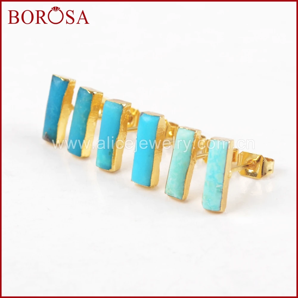 

BOROSA Natural Drusy Stud Earrings, Fashion Rectangle Gold Color 100% Natural Blue Stone Druzy Stud Earrings for Wholesale G1274