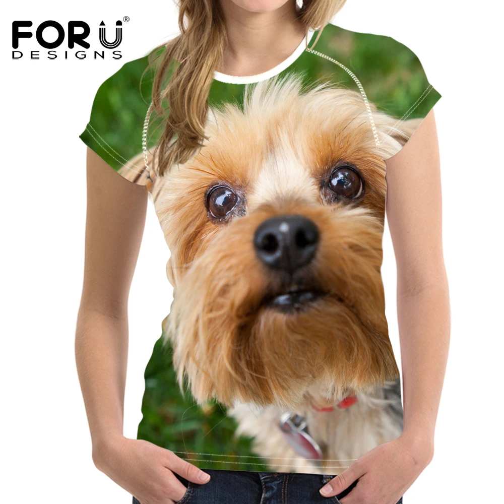 

FORUDESIGNS Funny T Shirt Women 3D Yorkshire Terrier Print T-shirt Ladies Kawaii Puppy Pattern Tee Shirt Females Fashion Tops