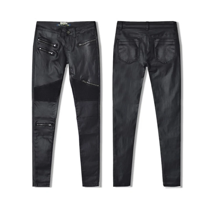 Большие размеры черные модные женские обтягивающие кожаные джинсы в байкерском