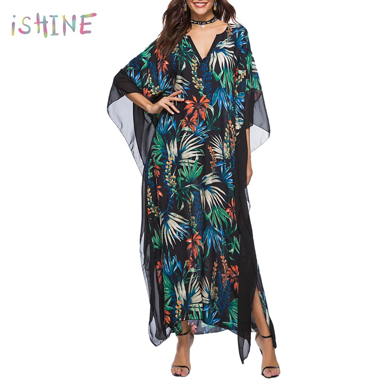 2018 женское длинное пляжное платье из шифона с цветочным принтом и рукавом