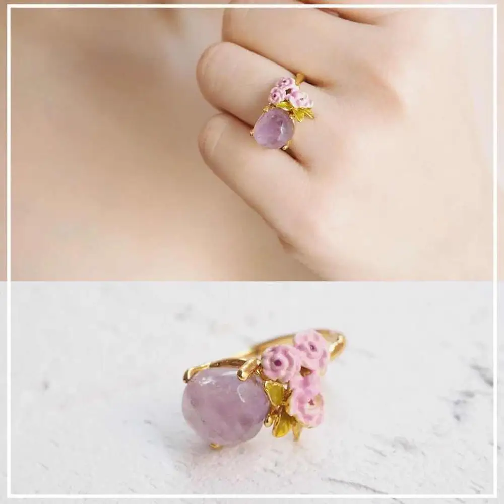 size 52 ring Amybaby ручной работы эмалированная глазурь натуральный светильник фиолетовый хрустальный цветок женский браслет кольцо ювелирные изделия для вечерние - Окраска металла: size 52 ring
