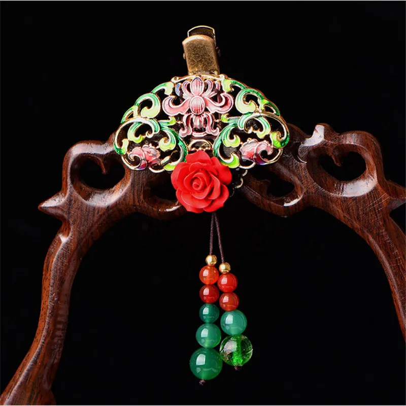 red flower Yanting, Винтажные заколки для волос, заколки с бабочкой, перегородчатая, модные украшения для волос для женщин, голубой камень, кисточка, украшение на голову, подарок 0131 - Окраска металла: red flower