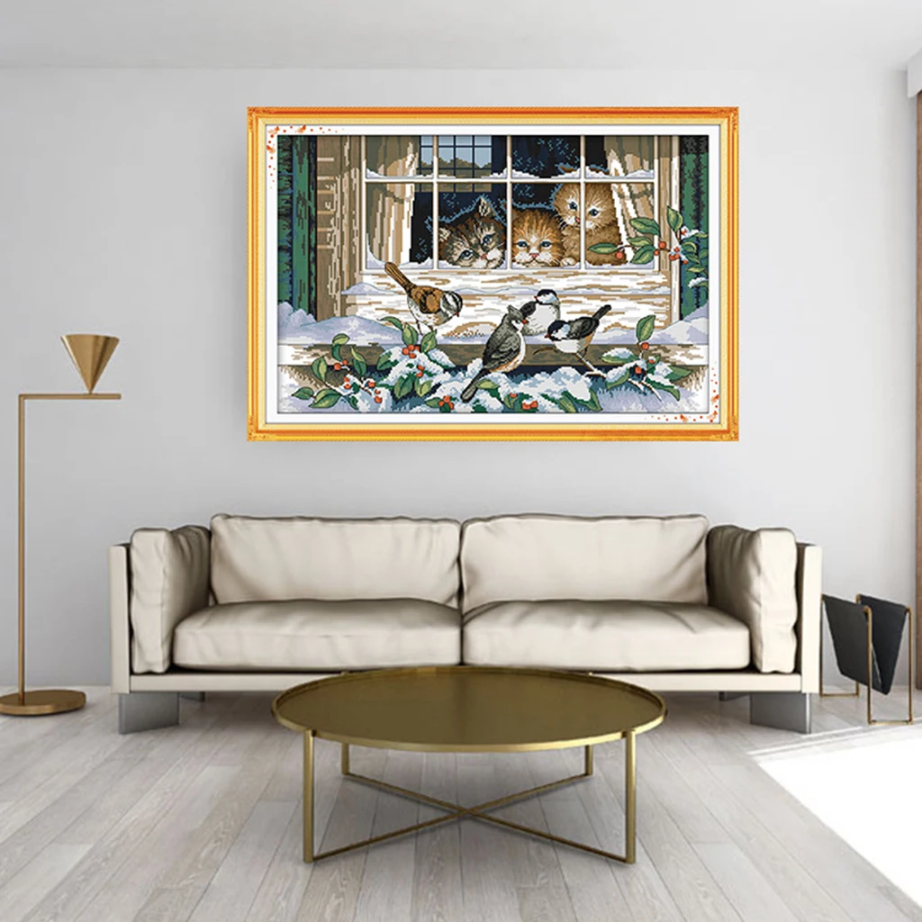 Коты птицы штампованные крестиком наборы для детей предпечатный узор вышивка 14CT