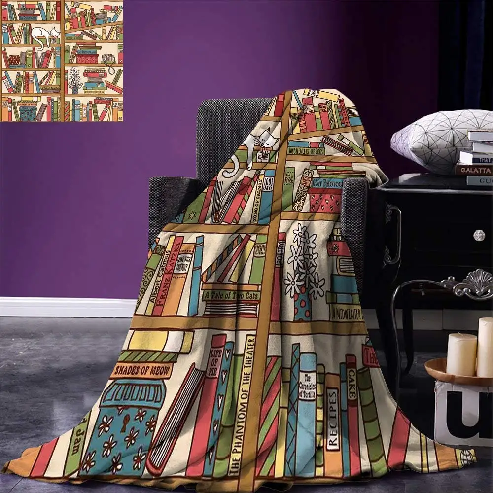 Одеяло с кошачьим шпагой, Nerd, Книга Lover Kitty, Спящая над книжной полкой, в Library scardinary Feline Cosy Boho Design, теплая микрофибра