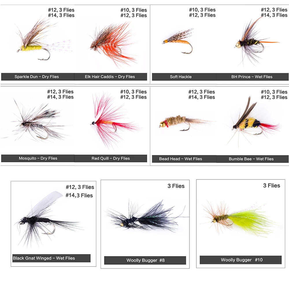 Goture 60 шт./лот набор приманок для ловли нахлыстом 10 типов мух сухие или влажные