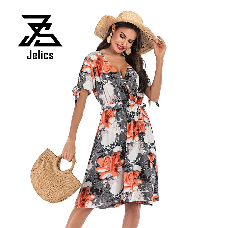 

Jelics Sexy Fashion Mini Dress Elegant Women Floral Print V-neck Short Sleeve OL Summer Slim Female A-line Dress