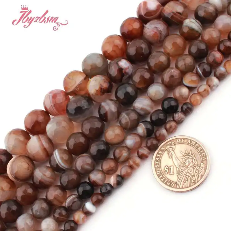 

6,8,10,12mm Brown Faceted Round Bead Ball Banded Agates Natural Stone Beads For Necklace Jewelry Making 15" Free Shipping