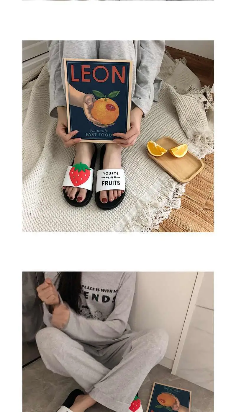 Для женщин тапочки с фруктами летнее платье для пляжа; летние туфли на плоской подошве женские сандали, шлепанцы Дамская мода милые Ванная комната домашние тапочки