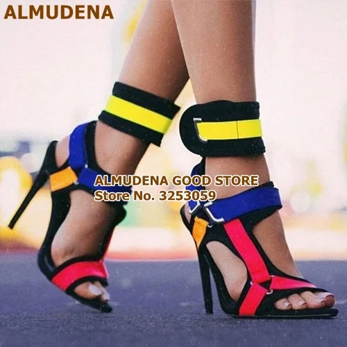 as picture ALMUDENA/Новинка; Разноцветные разноцветные Лоскутные сандалии на платформе с массивным каблуком; металлические украшения; свадебные туфли с ремешком и пряжкой; Прямая поставка - Цвет: as picture