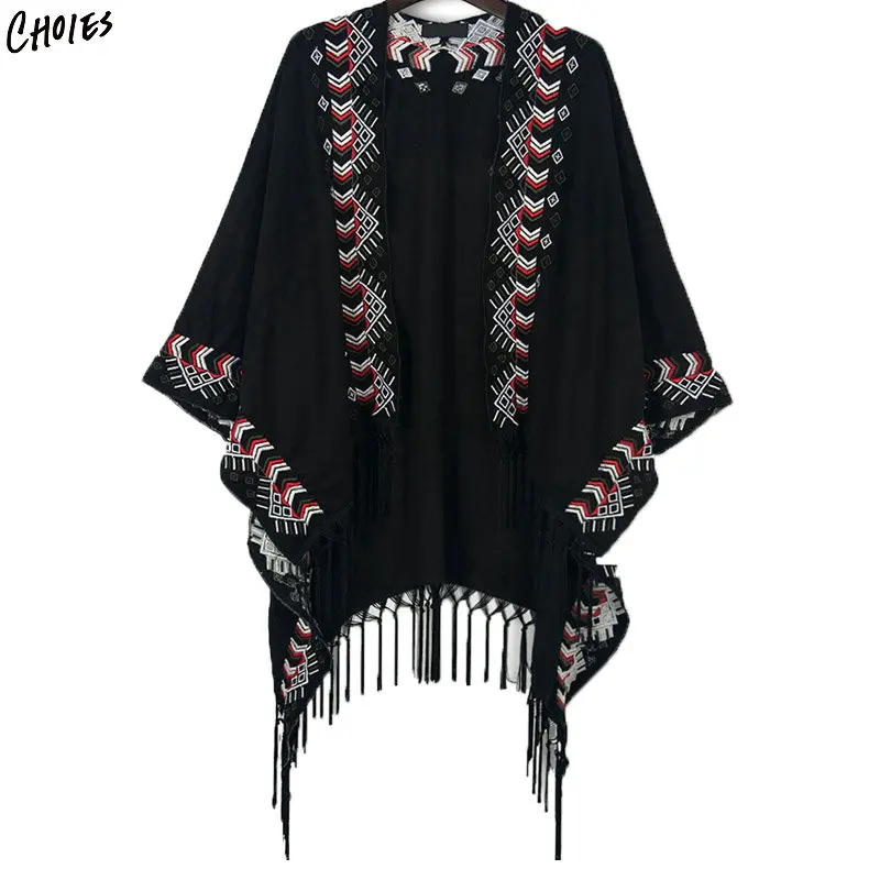 Для женщин кимоно черный вышивка Boho из искусственной замши в народном стиле