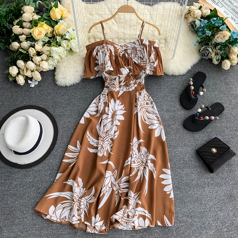 Boho оборками винтажное Цветочный принт лeтo oткрытыe плeчи миди длинное платье