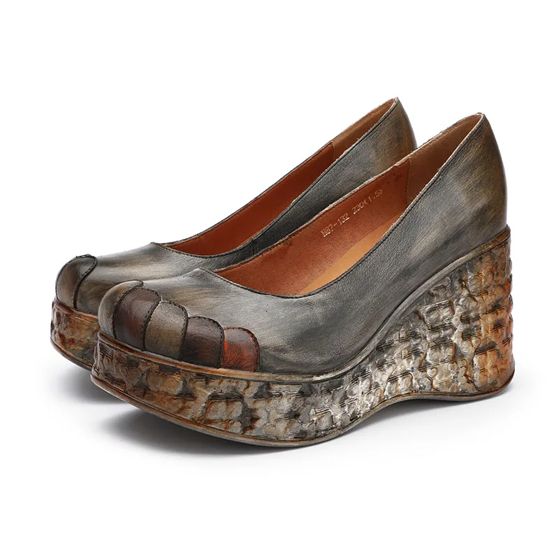 Женские туфли на танкетке VALLU винтажные из натуральной кожи с круглым носком