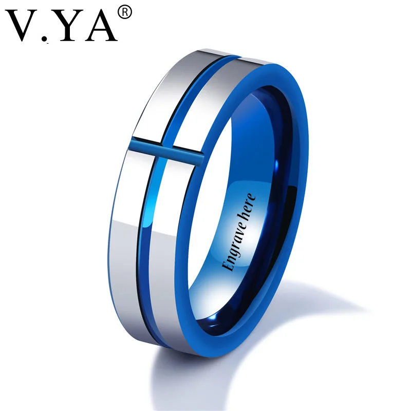 V.YA Unique Tungsten Men Cross Rings Wedding Engagement Promise Band Blue Color DIY Custom Male Jewelries Party Gifts Drop Ship | Украшения