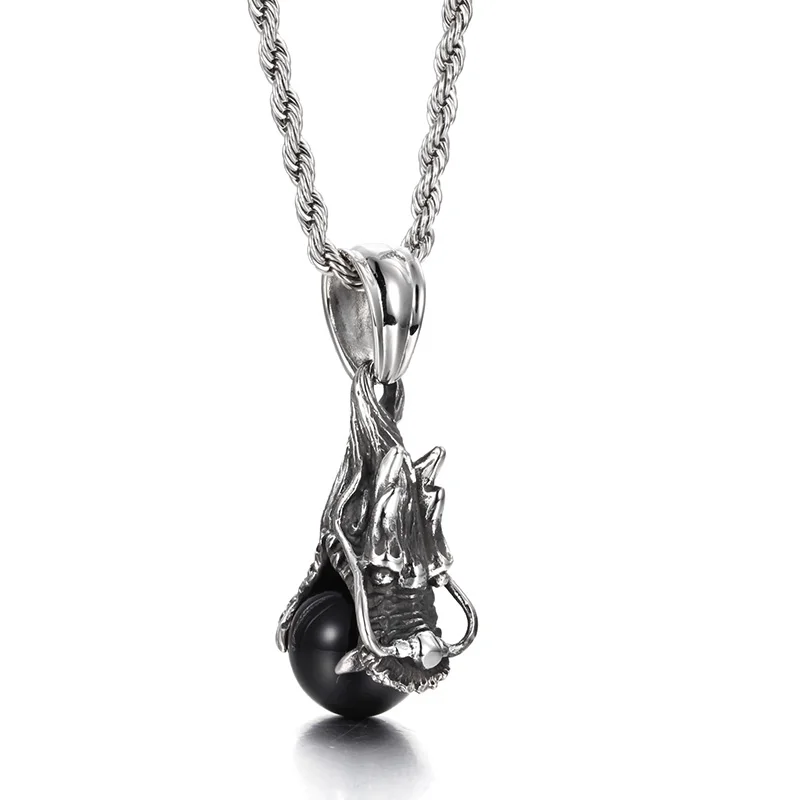 Punk Design Jewelry Gifts Large Black Stone Biker dragon Pendant Stainless Steel Men's Necklace | Украшения и аксессуары