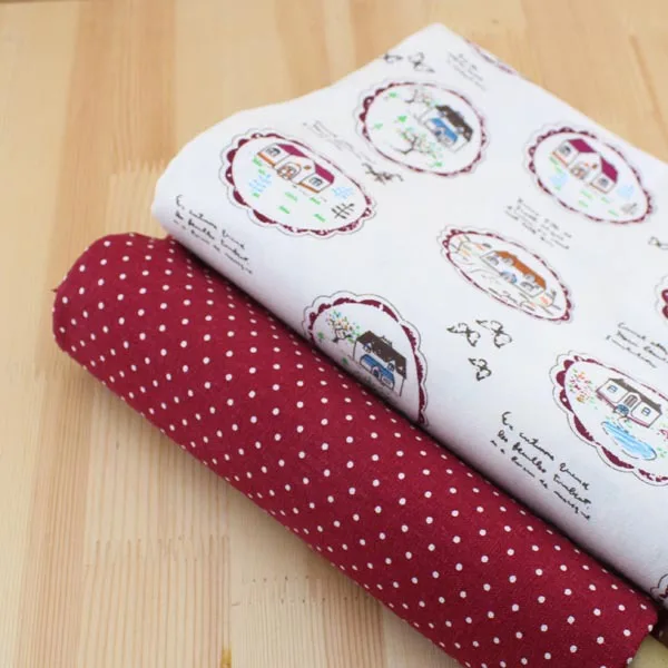 Хлопково льняная ткань 2 дизайна Красная точка мультяшный дом толстый в