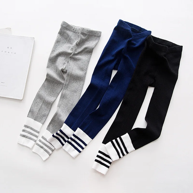 2017 Детские осенне зимние теплые модные леггинсы в полоску из мягкого хлопка для