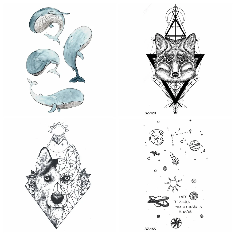New Black Triangle Fox Tattoo Stickers Paper Dolphin Cartoon Kids Temporary Cover Dog Whale Waterproof Men Tatoos Paste | Красота и