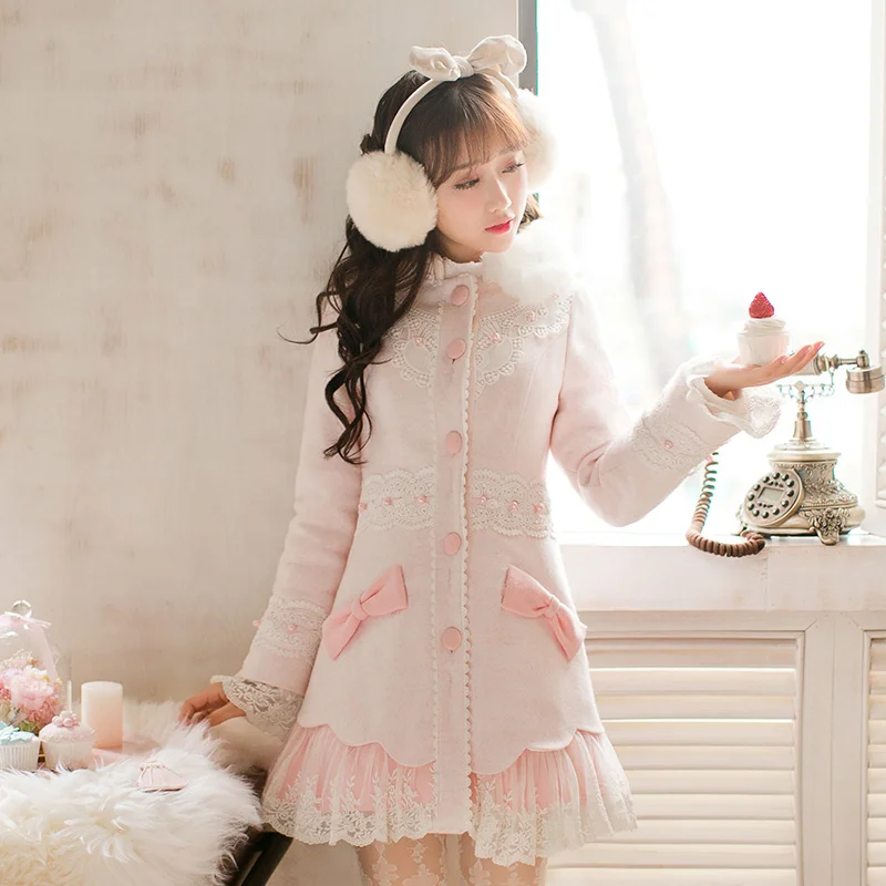 

Princess sweet pink coat Candy Rain bow decoration embroidery Single breasted Nail bead fur collar Japanese design C16CD6211
