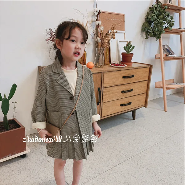 2pcs Kids Suits for Girls Kids Blazers Jackets+plaid Skirts Kids Girls Outerwear Jackets Set Girl Set Clothes Blazers Coat