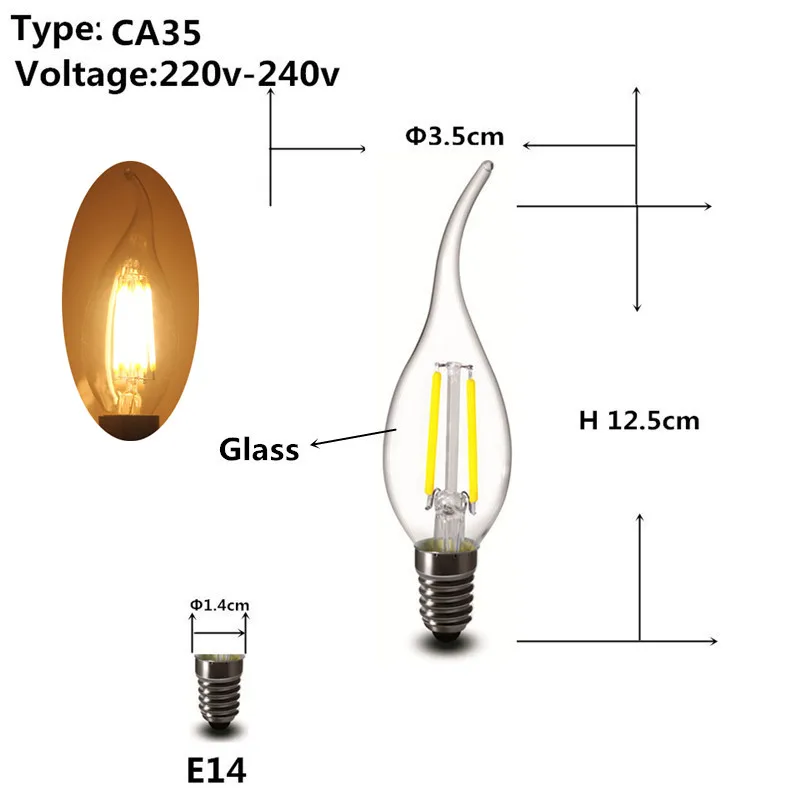 2w 4w 6w 8w E27 E14 прозрачный СВЕТОДИОДНЫЙ лампы A60 G45 C35 B10 220v AC Эдисон светодиодный нити пламени свечи лампы светильник 230 В переменного тока - Испускаемый цвет: C35 E14
