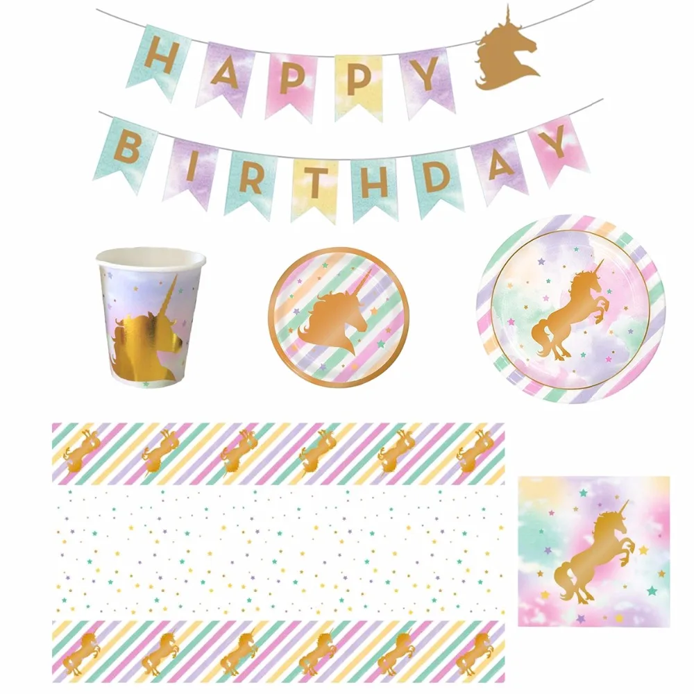 FENGRISE Единорог тема вечерние украшения посуда тарелка соломы баннер для