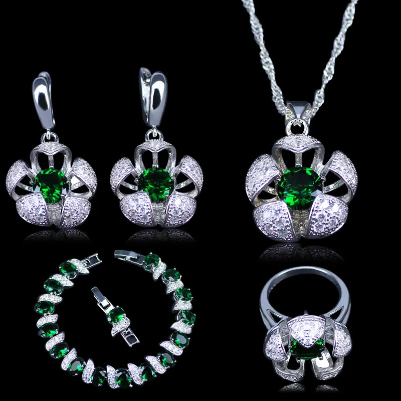 Fabulous 4PCS Jewelry Sets 925 Logo Silver Color Green Zircon Earrings Rings Necklace Pendant Bracelets Best Present For Women | Украшения